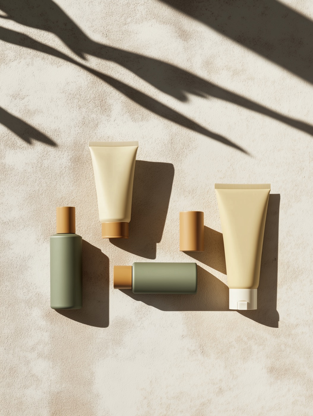 Minimal skincare products on a stone shelf in warm light