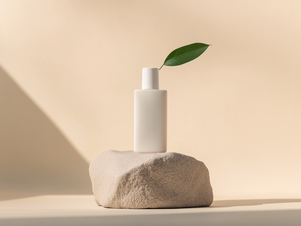 Single skincare bottle on stone pedestal