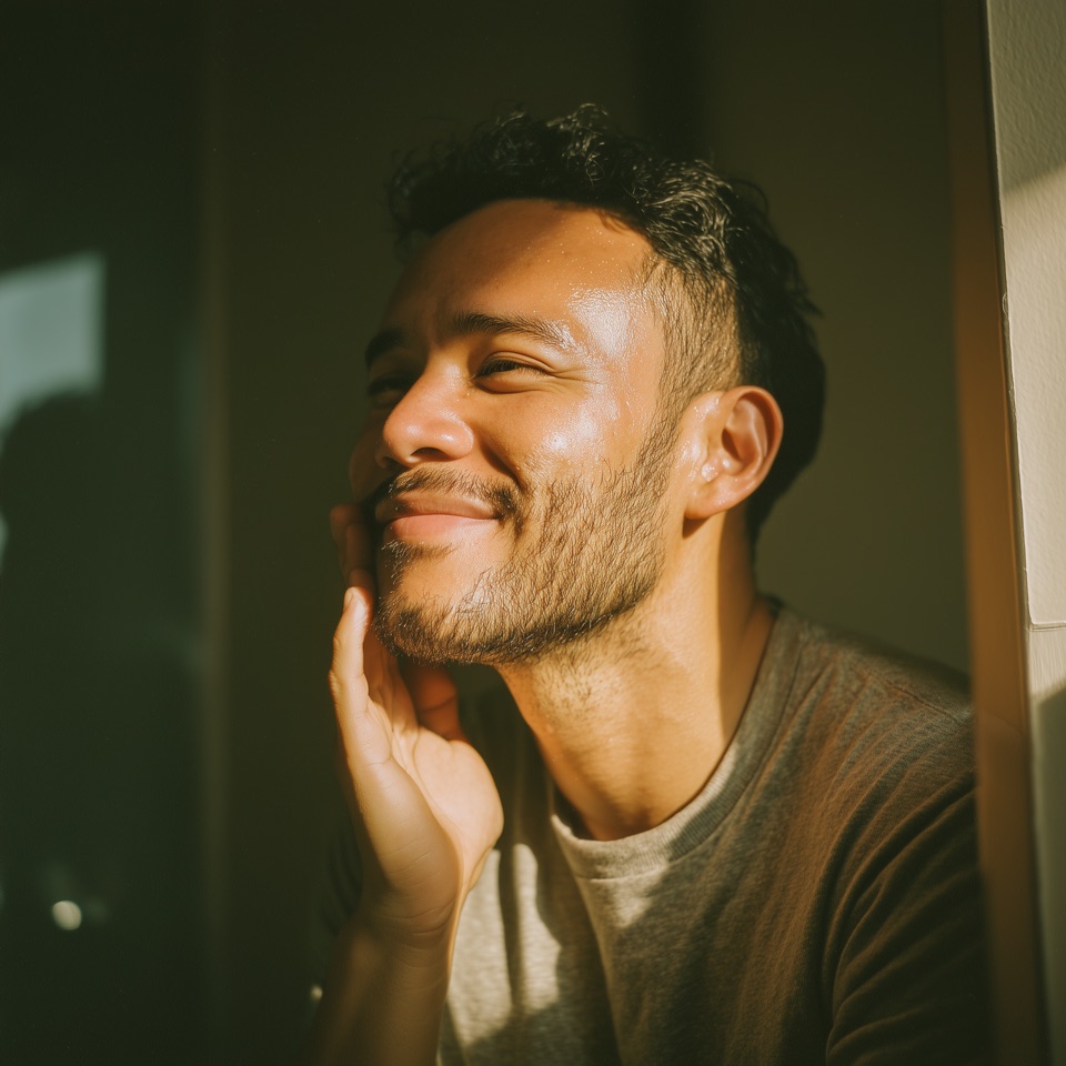 Man looking at reflection thinking about skincare