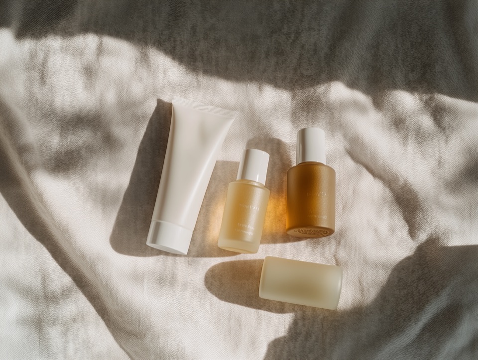 Skincare products arranged in numbered sequence